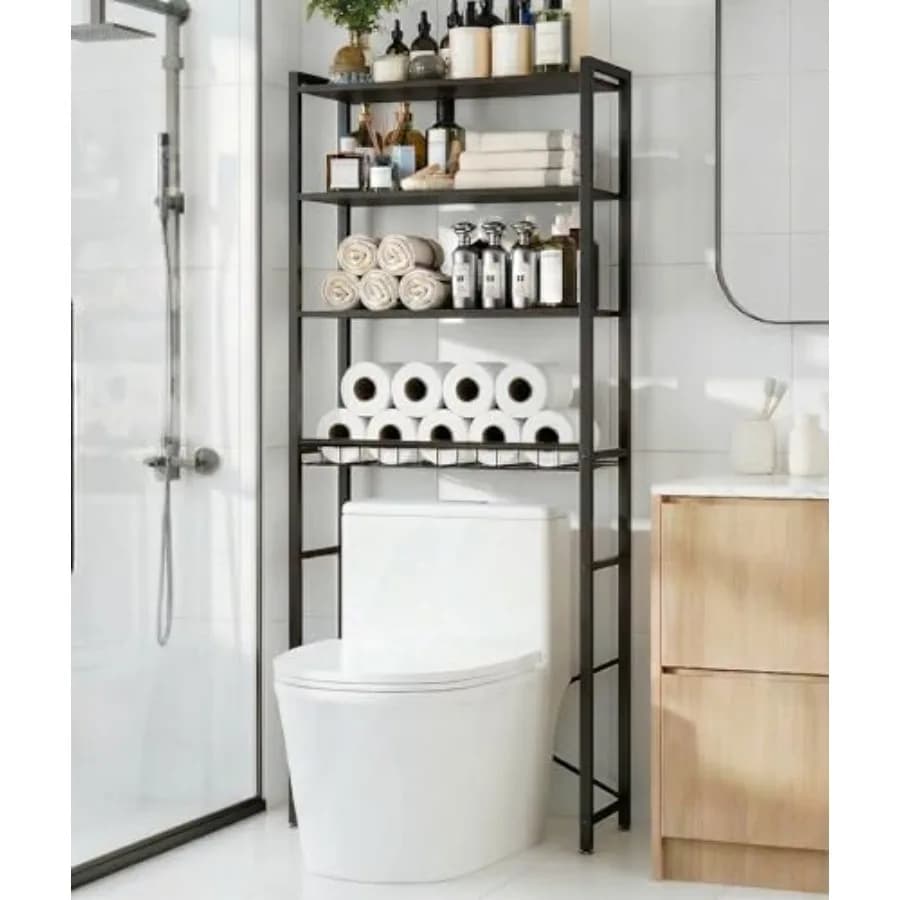 Scaffale portaoggetti a 4 livelli da posizionare sopra il WC con ripiani in legno monoblocco e cesto a rete aperto, organizer da bagno con piedini regolabili