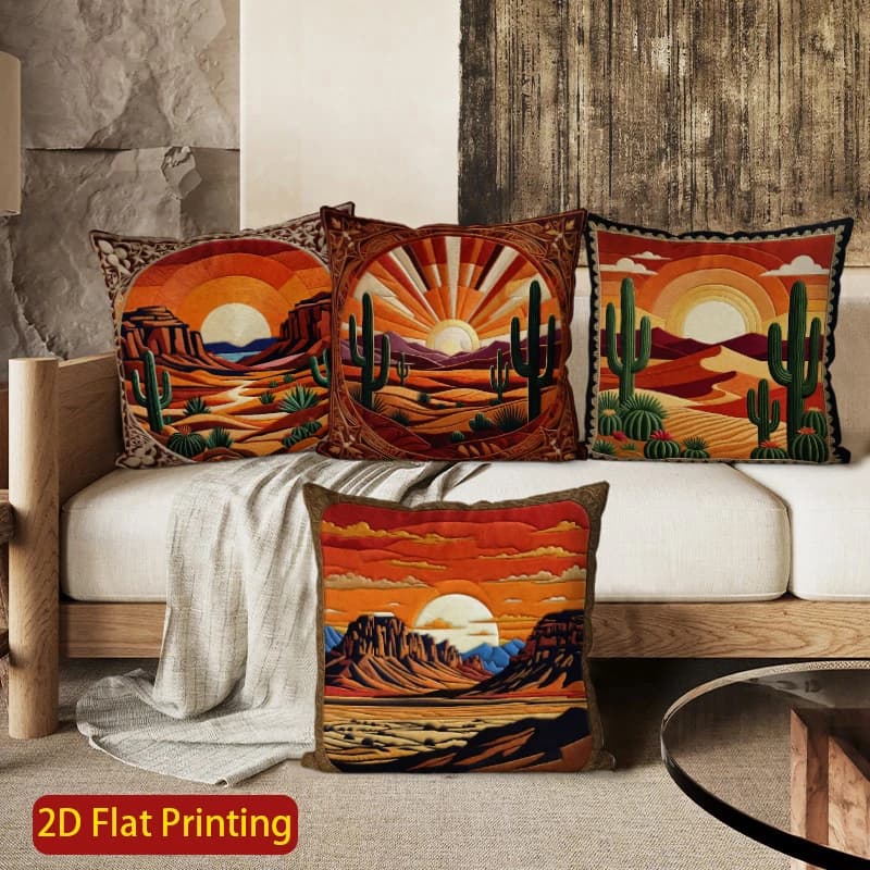 2D Sunset Desert Cactus cushion cover, suitable for sofa, bedroom, car