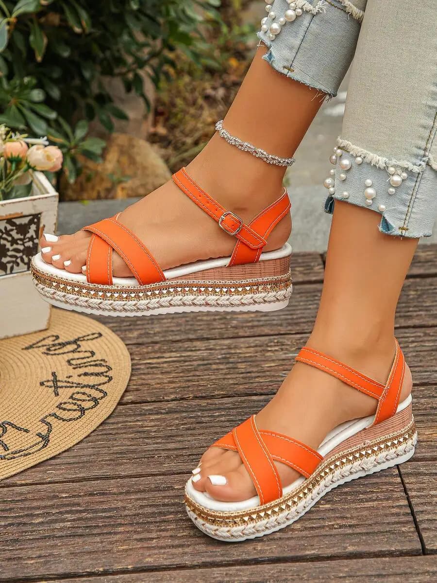 Orange Rivet Decor Ankle Strap Buckle Wedge Sandals Women Platform Thick Sole Summer Casual Shoes
