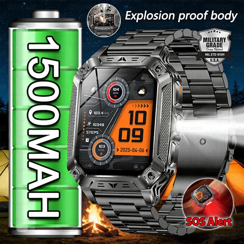 Nuovo smartwatch militare da 1500 mAh per uomo, torcia a LED, IP69K, impermeabile, GPS, sportivo, 2,01 pollici, chiamata Bluetooth, orologio intelligente