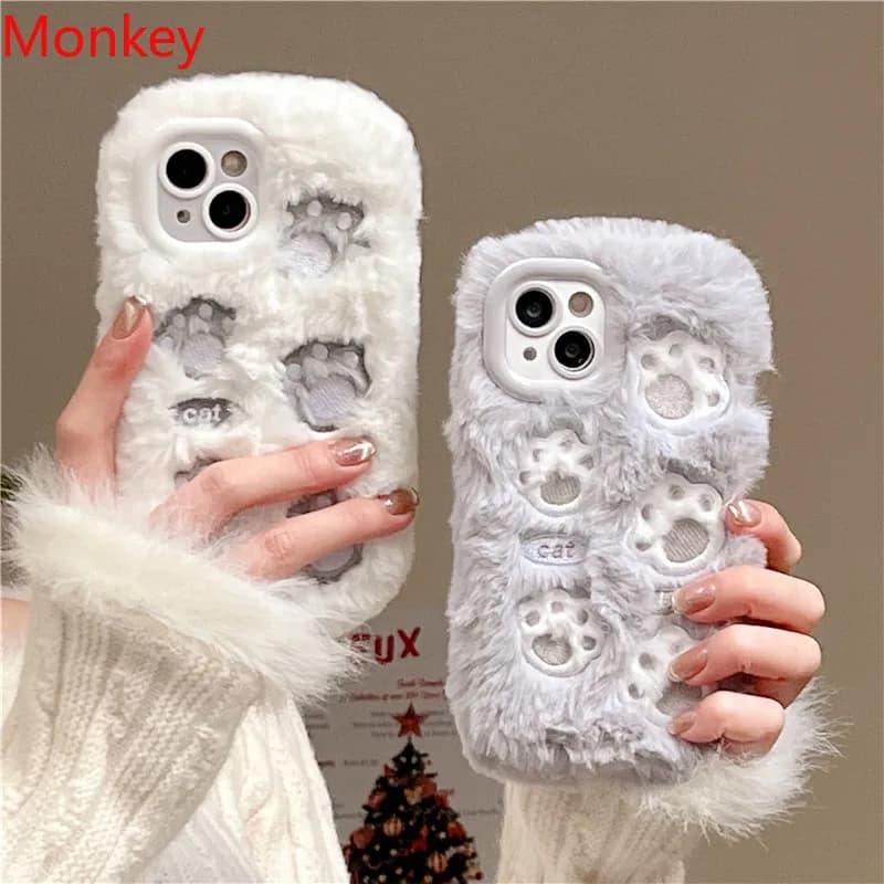 Korean Cute Cat Paw Towel Embroidery Phone Case For iPhone 15 14 13 12 11 Pro Max 15 Pro 15 Plus Cute Winter Fur Silicone Cover