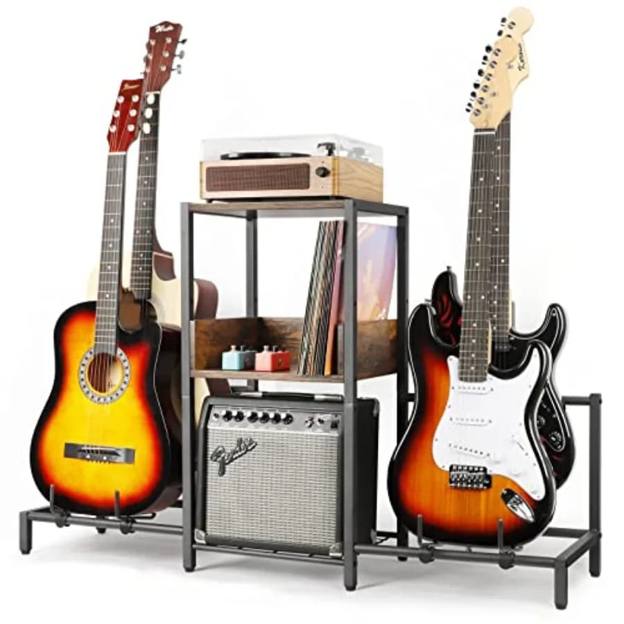Supporto per Chitarre Bikoney per 4 Chitarre - Rack da Pavimento per Chitarra Acustica, Elettrica, Basso e Ukulele con 2 Ripiani in Legno per Amplificatore e Dischi in Vinile