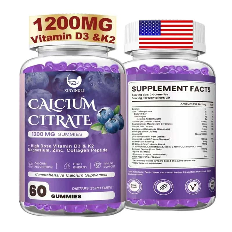 Gomme masticabili al citrato di calcio, integratore di calcio da 1200 mg contenente vitamine D3, K2, magnesio e zinco, favoriscono l'energia