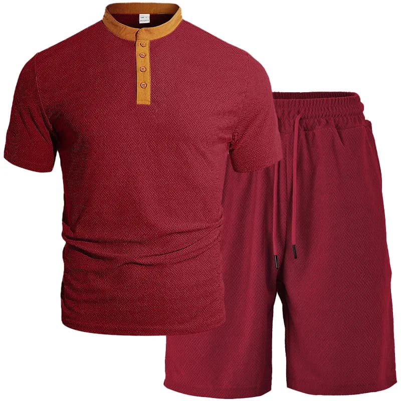 Completo Sportivo Estivo da Uomo in Due Pezzi con Zip e Colletto, Tessuto Jacquard, T-Shirt Coordinata