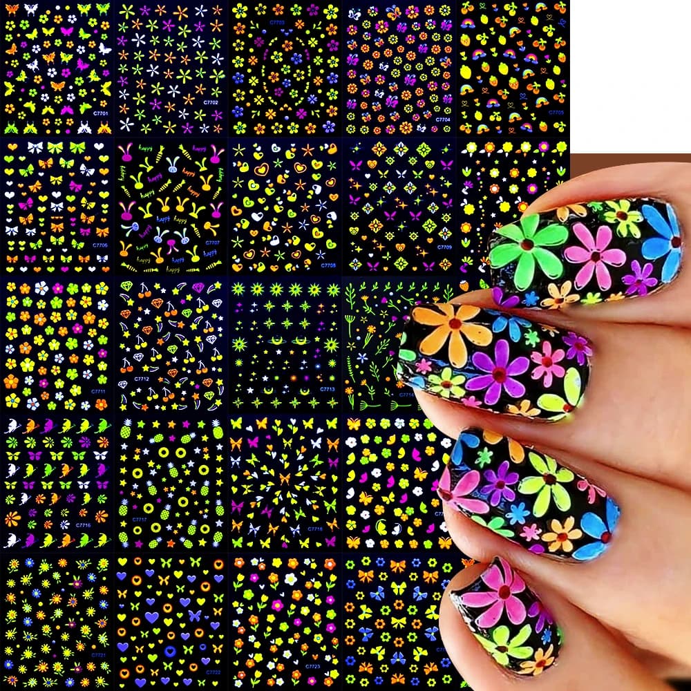 24Pcs fluorescenza fiori luminosi 3D Nail Sticker Set 5.5*6cm Kawaii 3D Colorful Floret Nail Decal Glow-In-Dark Flower Slider