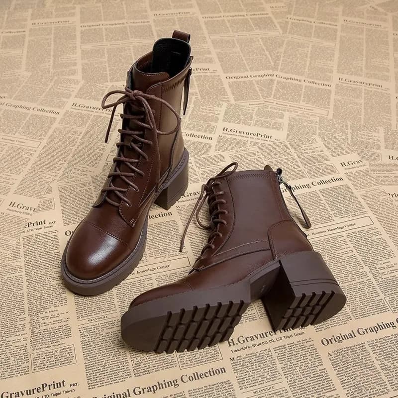 2025 nuove donne stivaletti in pelle punta tonda tacchi alti spessi cerniera stivaletti stringati scarpe moda donna autunno inverno