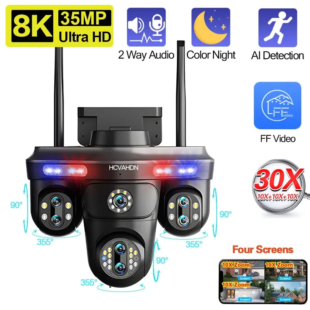 4K 10X Zoom Wifi PTZ Telecamera di sicurezza Tracciamento automatico Esterno Sette lenti Quattro schermi Vista panoramica Telecamera di videosorveglianza CCTV