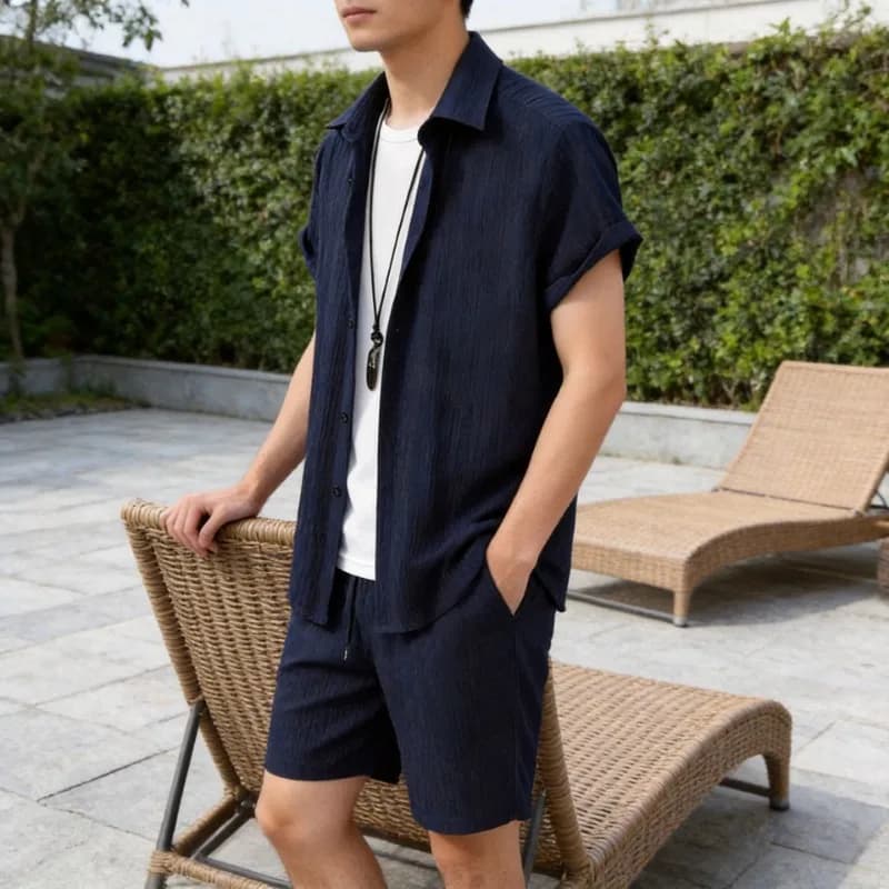 Completo Casual a Due Pezzi per Uomo: Camicia a Maniche Corte con Bottoni e Pantaloncini da Spiaggia con Cordoncino
