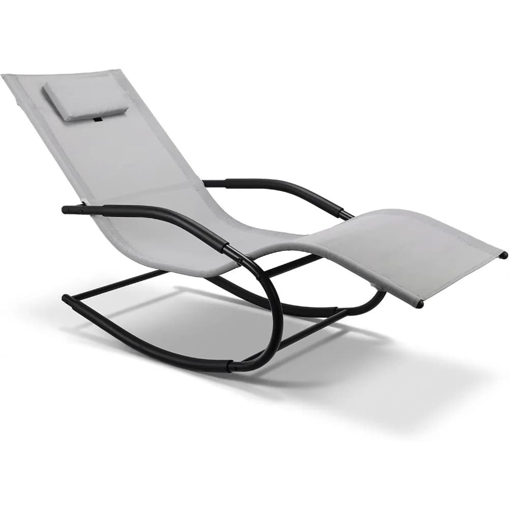Lightweight Outdoor Rocking Lounge Chair with Detachable Pillow for Patio, Lawn, Pool, and Home in Grey