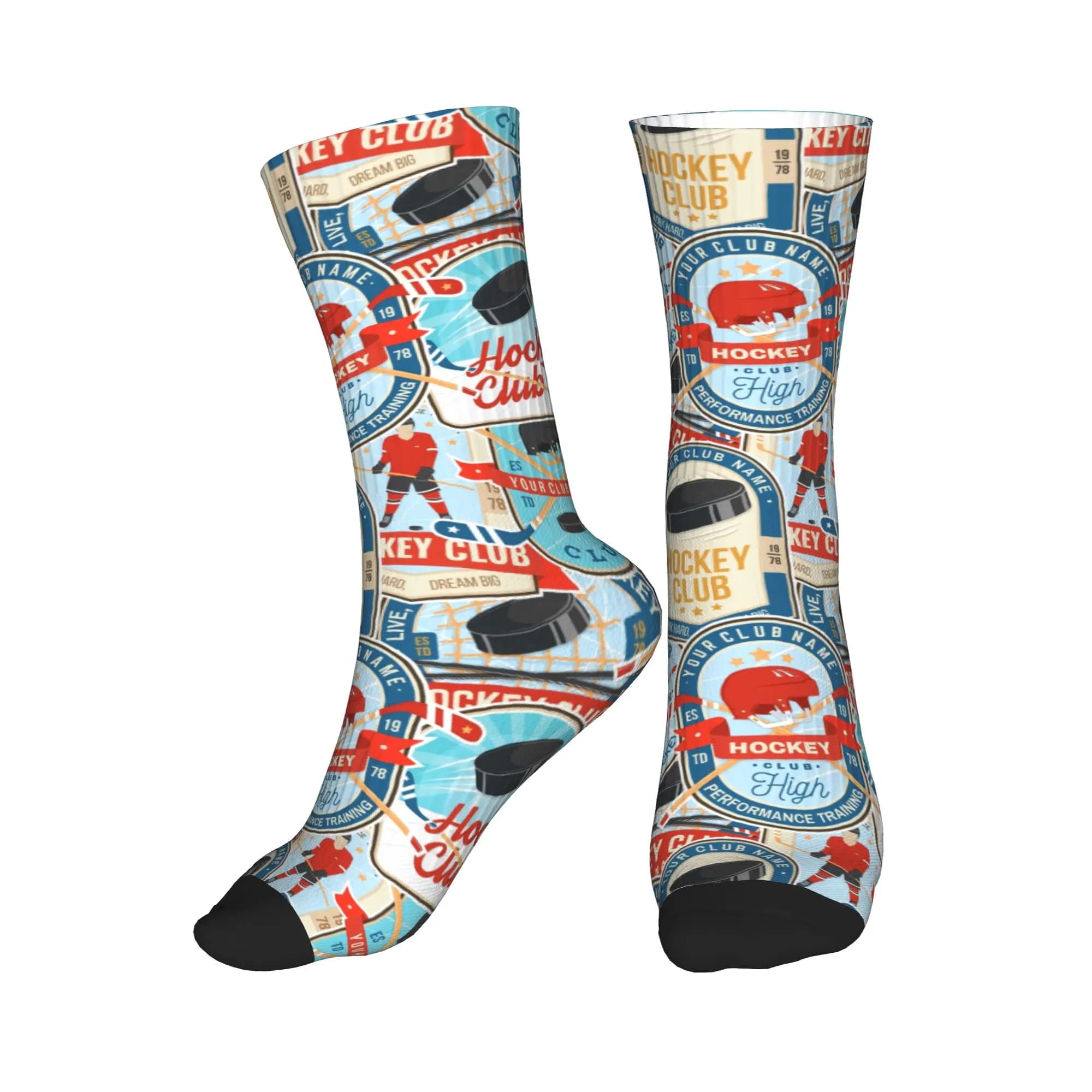 Funny Printing Vintage Red Blue Ice Hockey Badge Seamless Print Socks for Men Women Stretchy Summer Autumn Winter Crew Socks