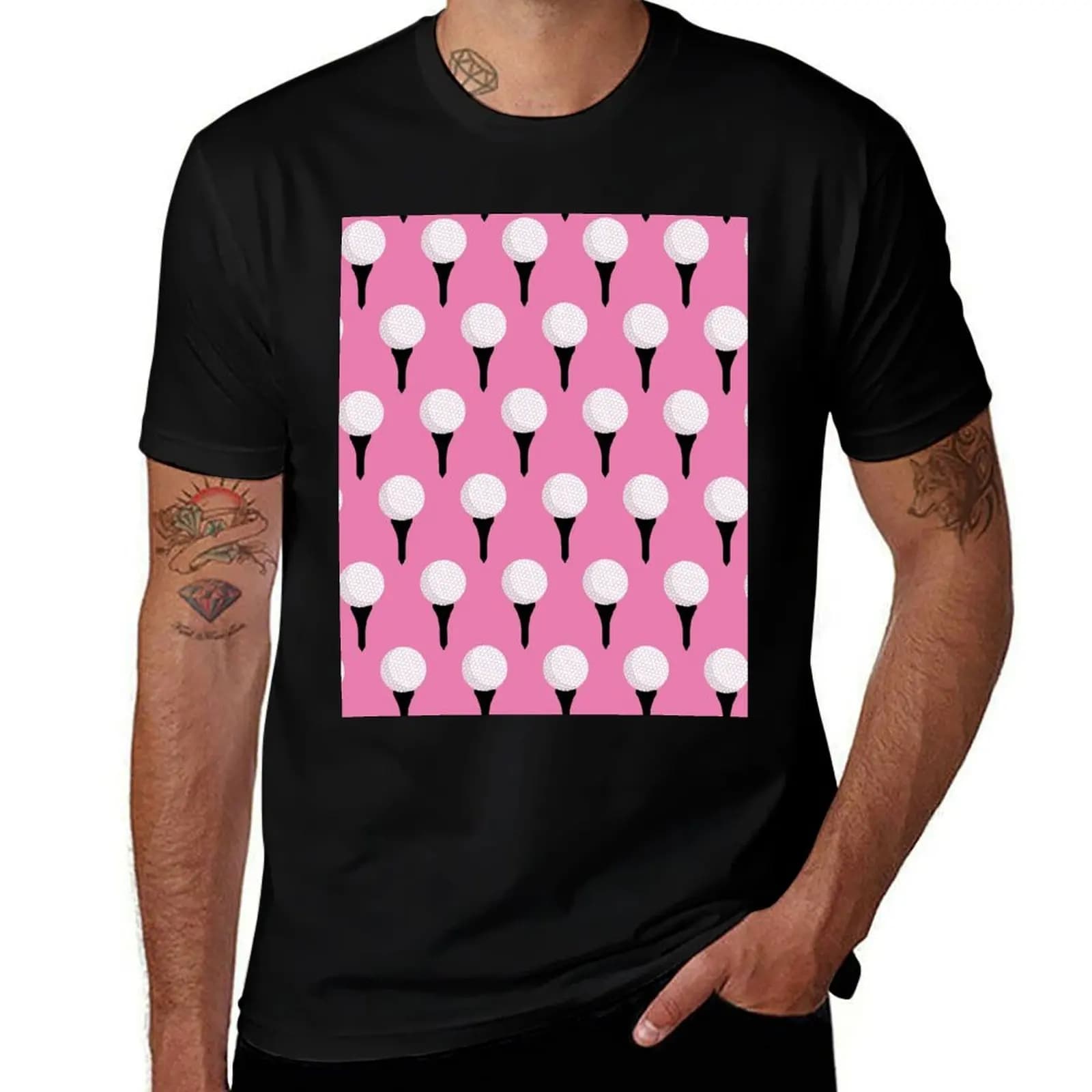 Golf Ball and Tee Pattern (Pink) T-Shirt Summer Print Short Sleeve Tee T-Shirt