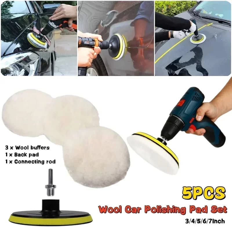 Set di tamponi per lucidatura per auto in lana da 5 pezzi con ruota per lucidatura, adattatore per trapano per lucidatrice Kit di tamponi per lucidatura per ceretta per la cura della vernice automatica