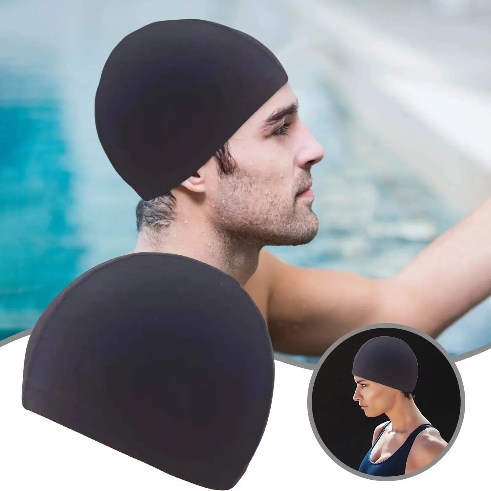 Unisex swim caps in elastic nylon with ear protection, for long, ultra-light hair, unique size.