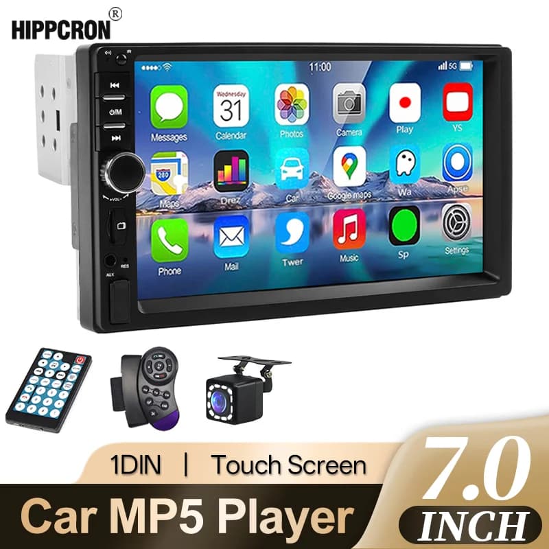 Hippcron 7" HD Touch Screen 1 Din Car Stereo, MP5 Player FM AUX BT USB Mirror Link Autoradio Support Rear Camera