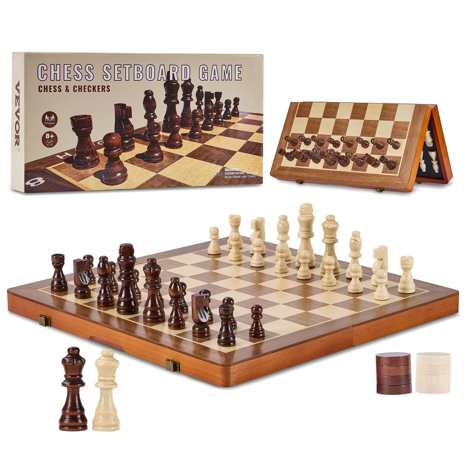 SucceBuy Set di scacchi magnetici in legno da 15 pollici Set di giochi di scacchi 2 in 1 Set di scacchi pieghevoli Giochi da tavolo per adulti Bambini 2 Queens Port