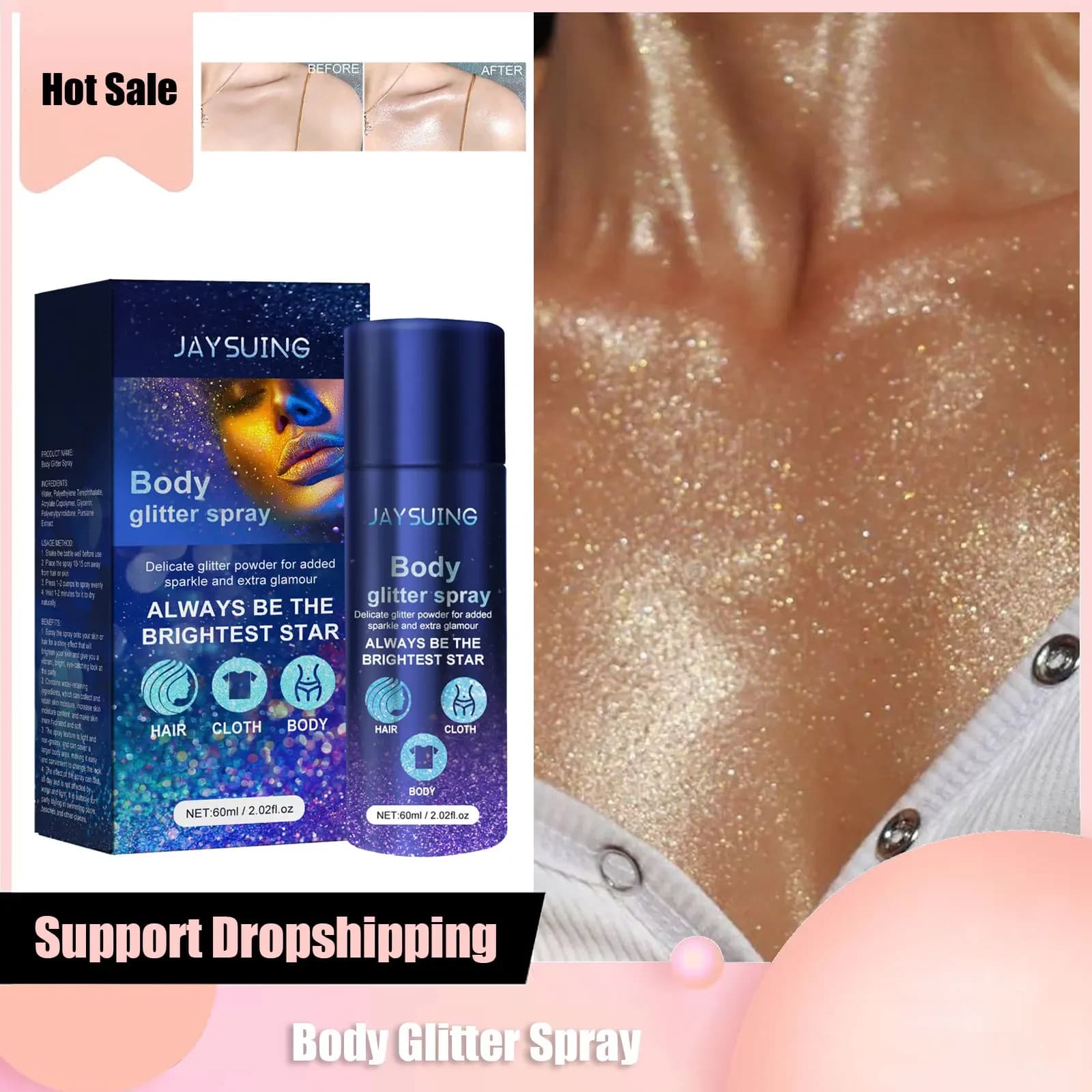 Evidenziatore in polvere spray impermeabile a lunga durata lucido contorno viso capelli vestiti per il corpo trucco glitter per appuntamenti discoteca festa