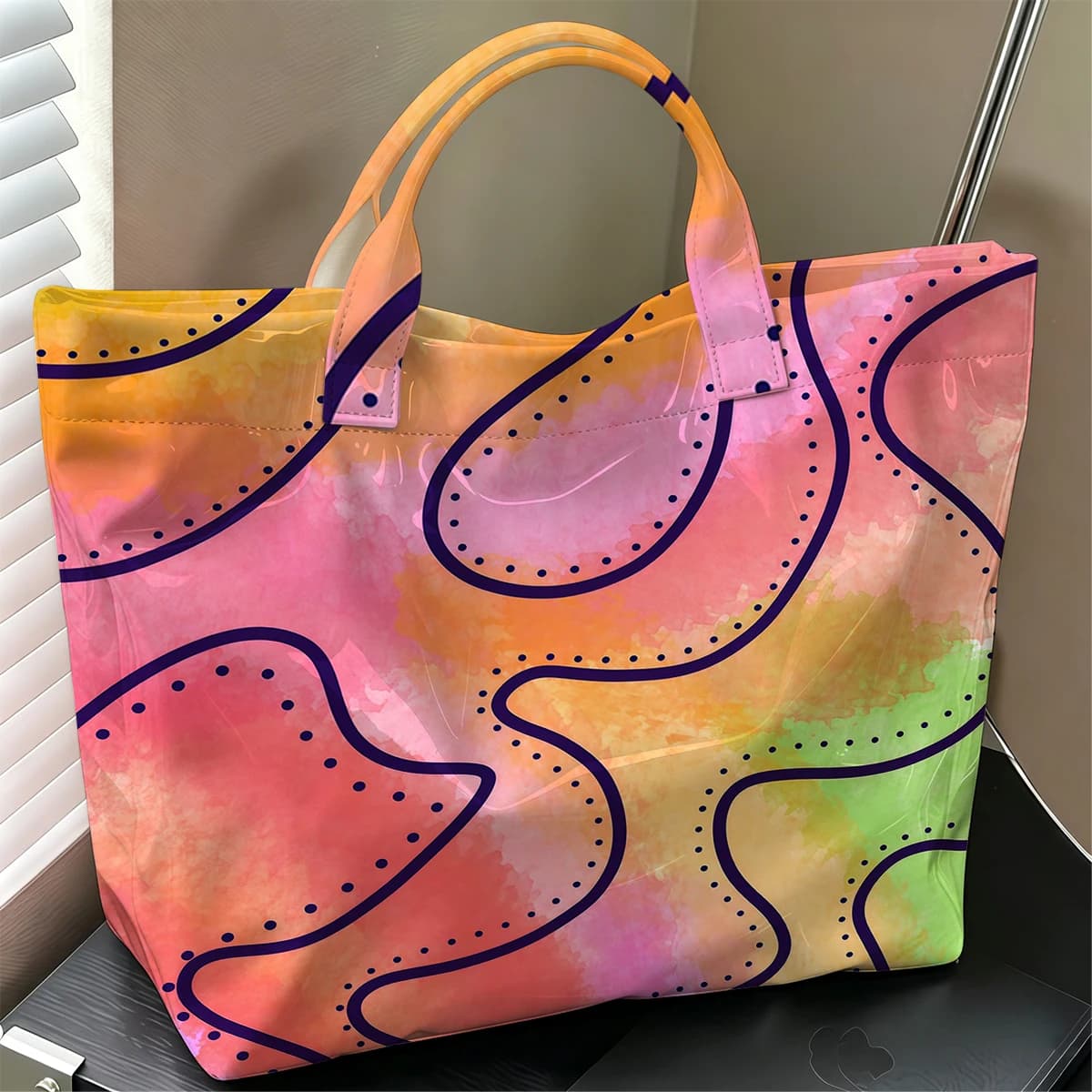 Color Blob Fashion Large Glossy PVC Tote Bag Hand Washable Waterproof Perfect Travel Commute Cosmetic Storage Shopper