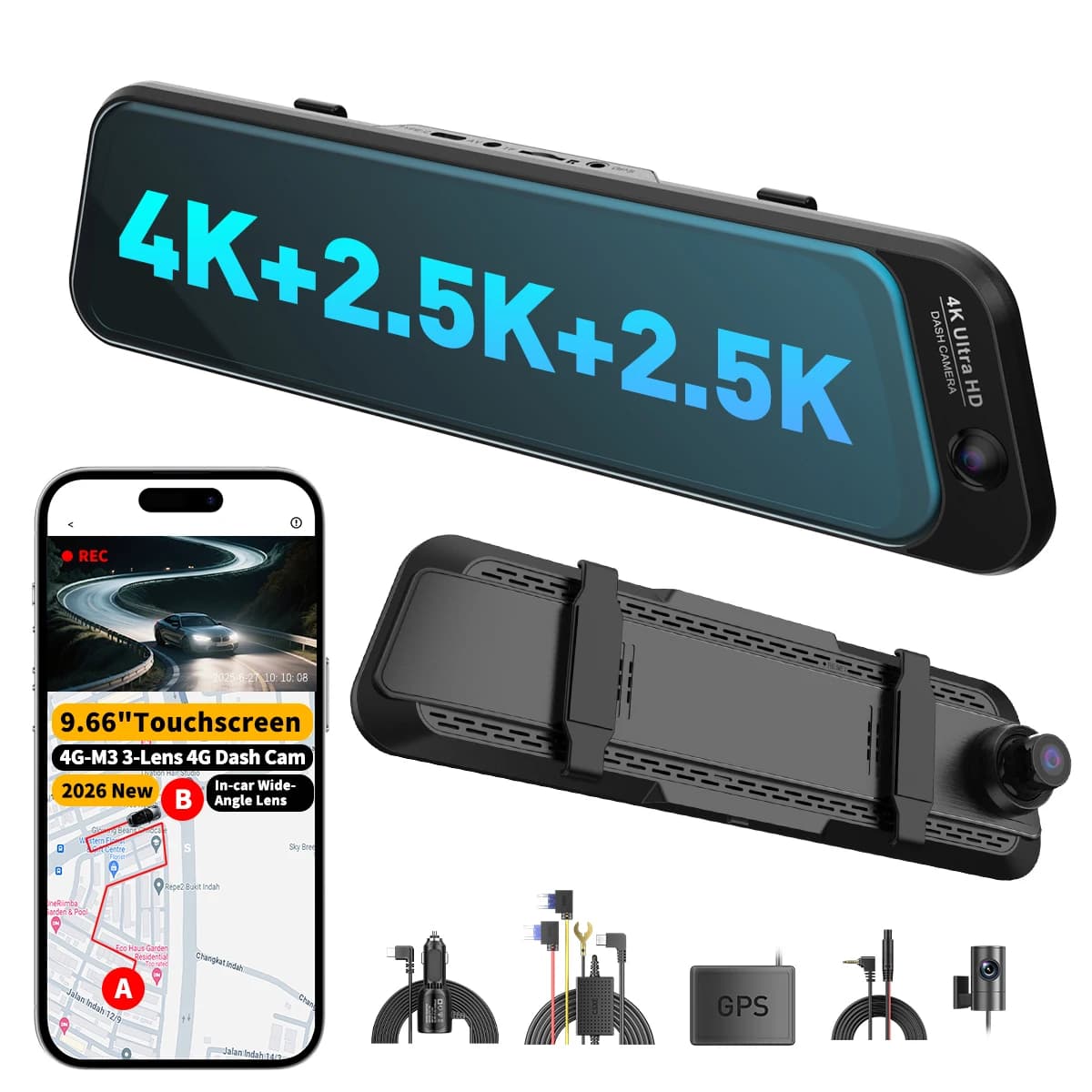 Dashcam 4K ready to ship with 3.2' screen, loop recording, night vision, discreet design, DVR Black Box video recorder