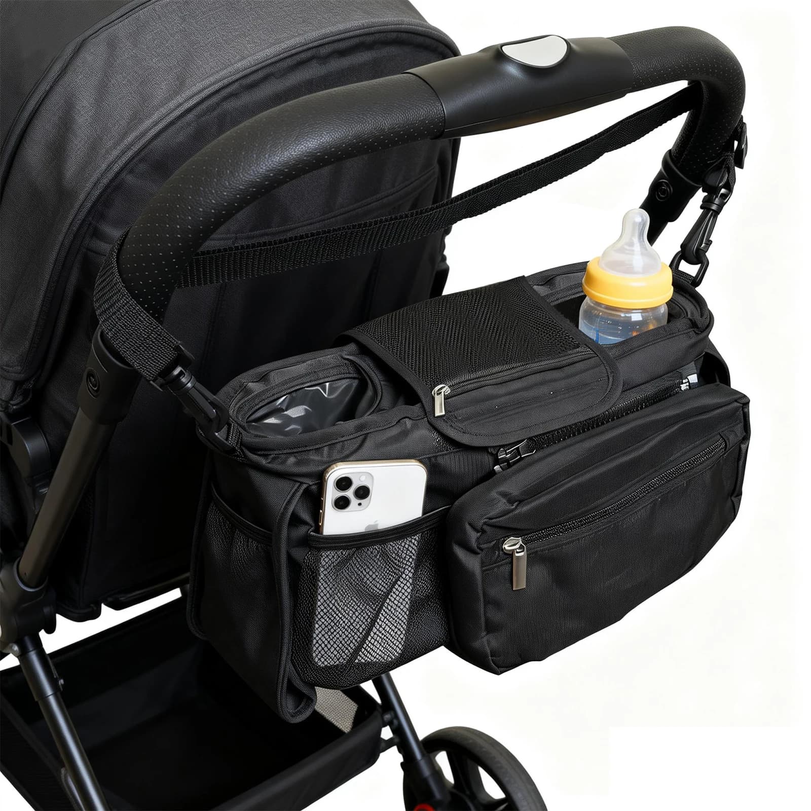 Baby Stroller Storage Organizer | Insulated Drink Pockets, Easy Access Phone Mesh Pocket, Fits All Strollers, Detachable Crossbody Stroller Caddy Bag for Parents