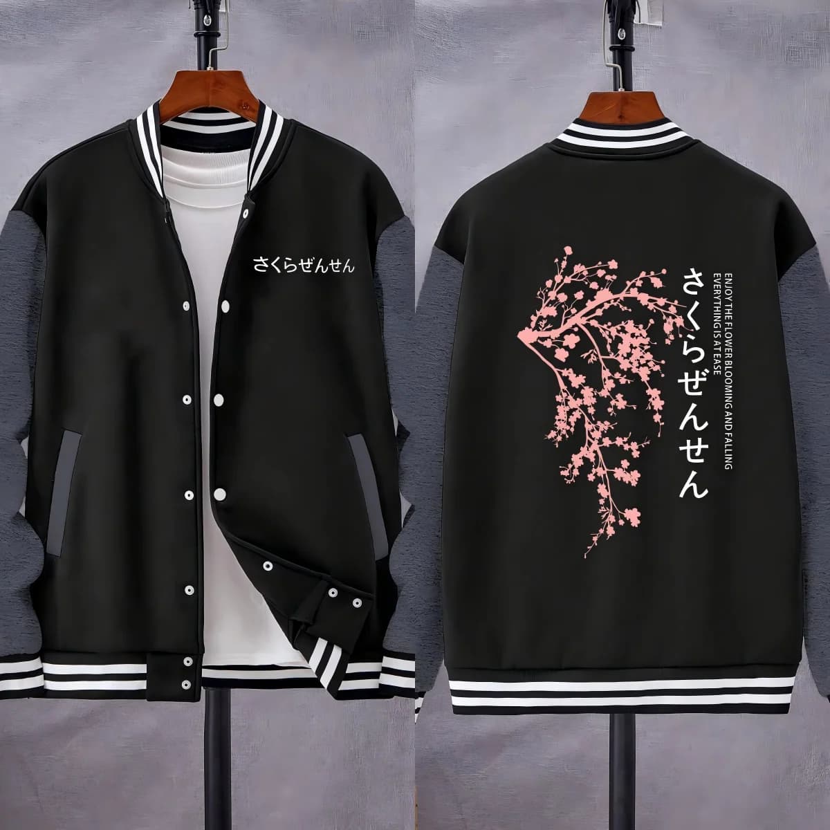 Giappone Cherry Blossom Creative Letter Design Uniforme da baseball da uomo Giacca sportiva allentata Moda in pile Streetwear Abiti autunnali