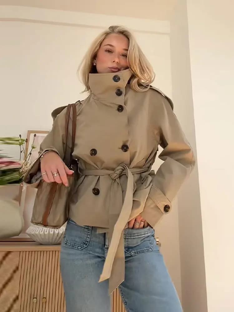 Cappotto Primaverile da Donna con Collo Alto, Doppio Petto, Tasche, Maniche Lunghe, Cintura in Vita, Giacca Casual Femminile, Top Elegante da Ufficio