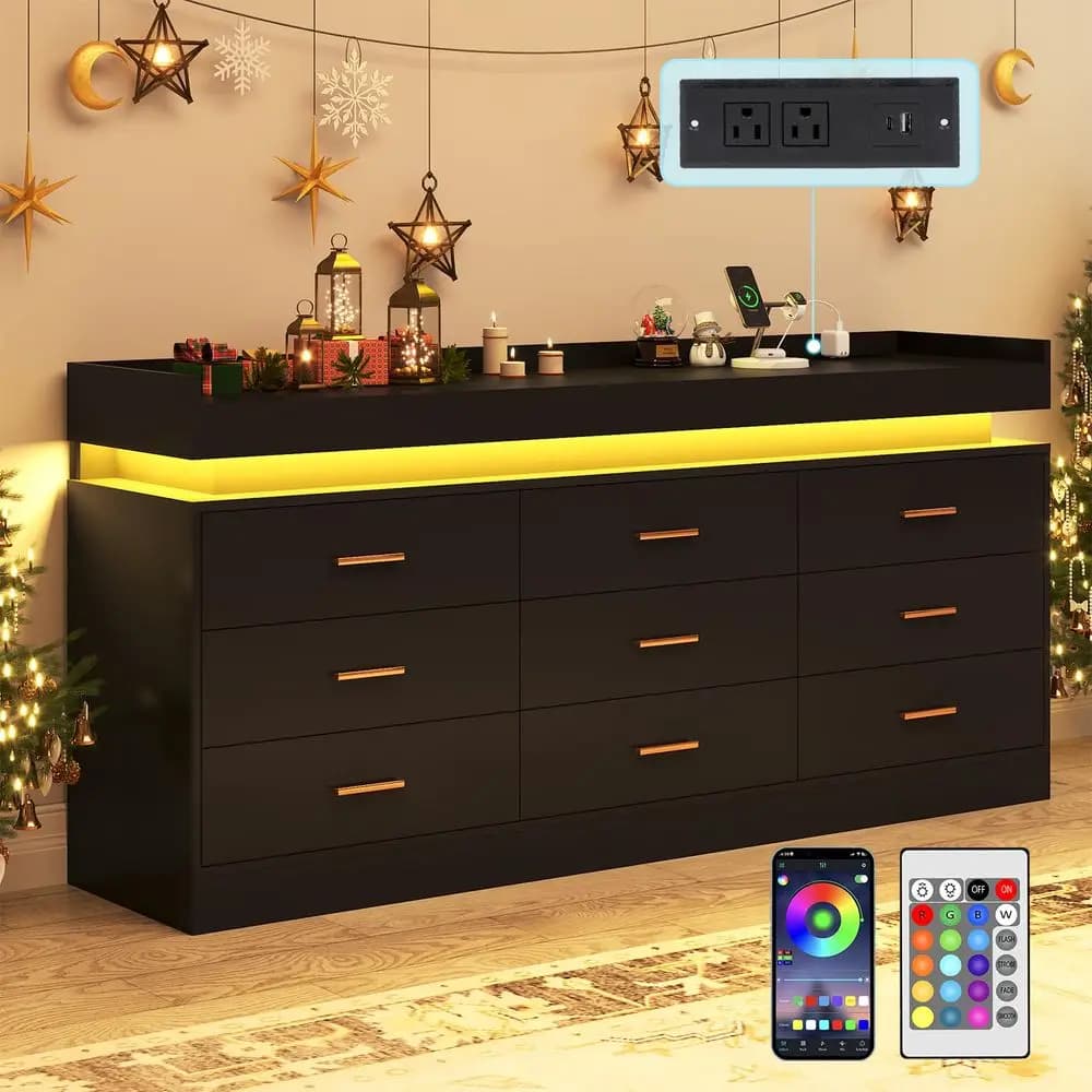 9 Drawer Dresser with Charging Station and LED Lights, Modern Chest of Drawers with Power Outlet, Organizer Cabinet for Bedroom