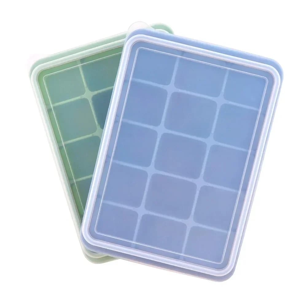 Vassoi per cubetti di ghiaccio con coperchio in Silicone, vassoio per ghiaccio quadrato a 15 griglie stampo per cubetti di ghiaccio impilabile a rilascio facile, confezione da 2 (blu + verde)