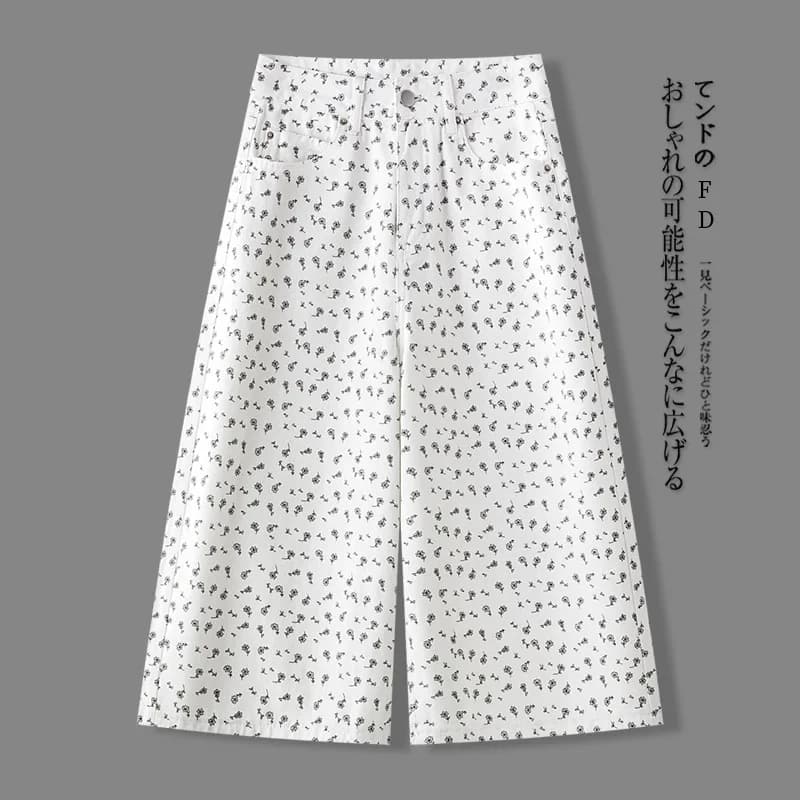 Pantaloni floreali bianchi da donna, jeans estivi versatili a vita alta dimagranti casual larghi a sette punti