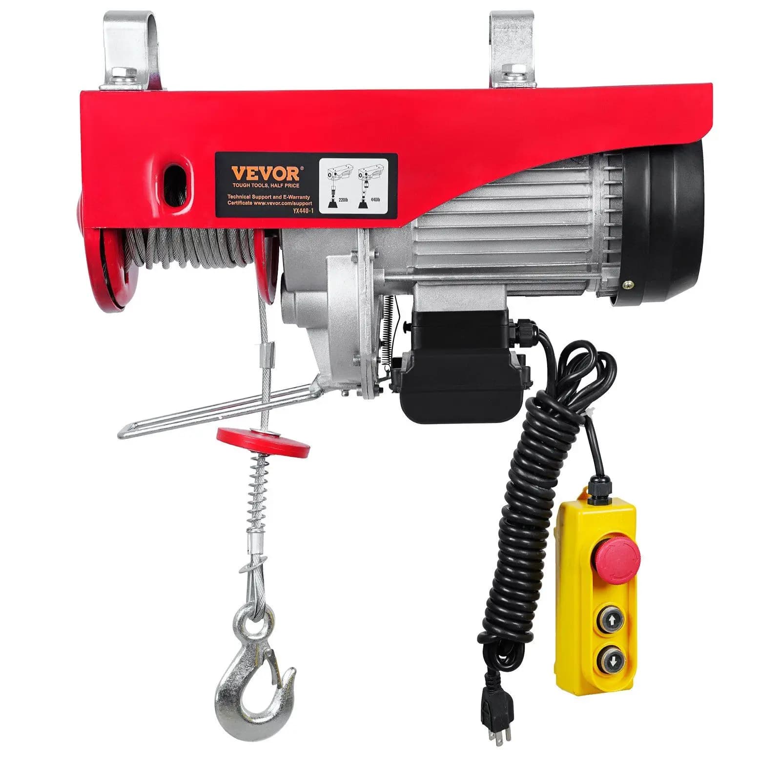 Paranco Elettrico VEVOR, 200 kg, Controllo Cablato 4,2 m, 110V, Sollevamento 12 m, Motore in Rame, Pulsante di Arresto di Emergenza