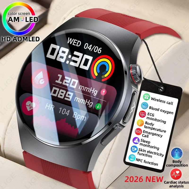 LIGE New upgrade Health Check Smart Watch ECG Blood Lipid Uric Acid Body Fat 480*480 Pixels AMOLED Screen Sports Smartwatch Man
