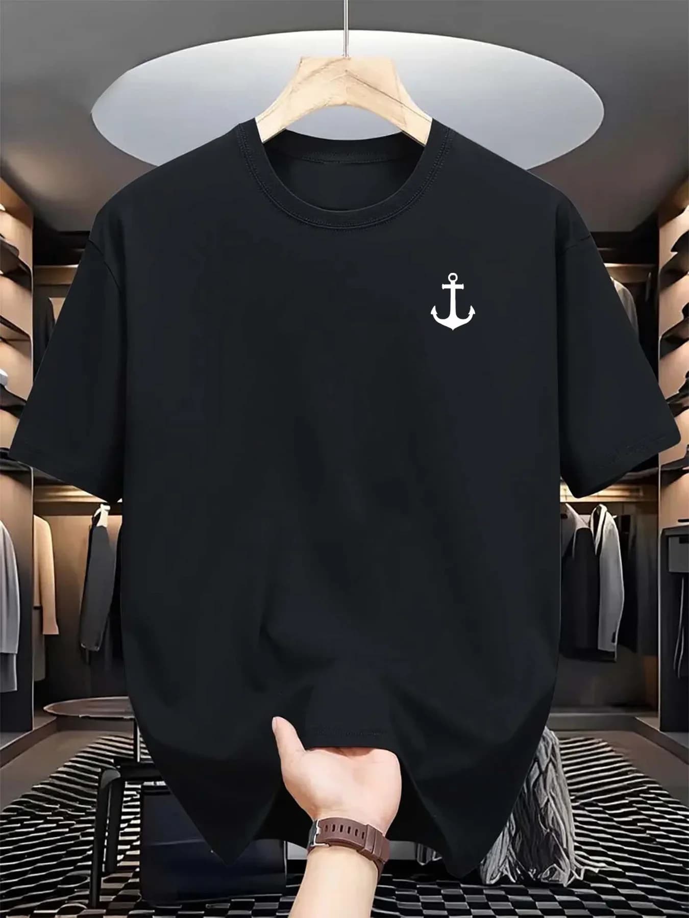 Men's Summer 100_ Cotton Fashionable Casual Loose Classic Boat Anchor Pattern Printed Sports Round Neck Short Sleeved T-Shirt