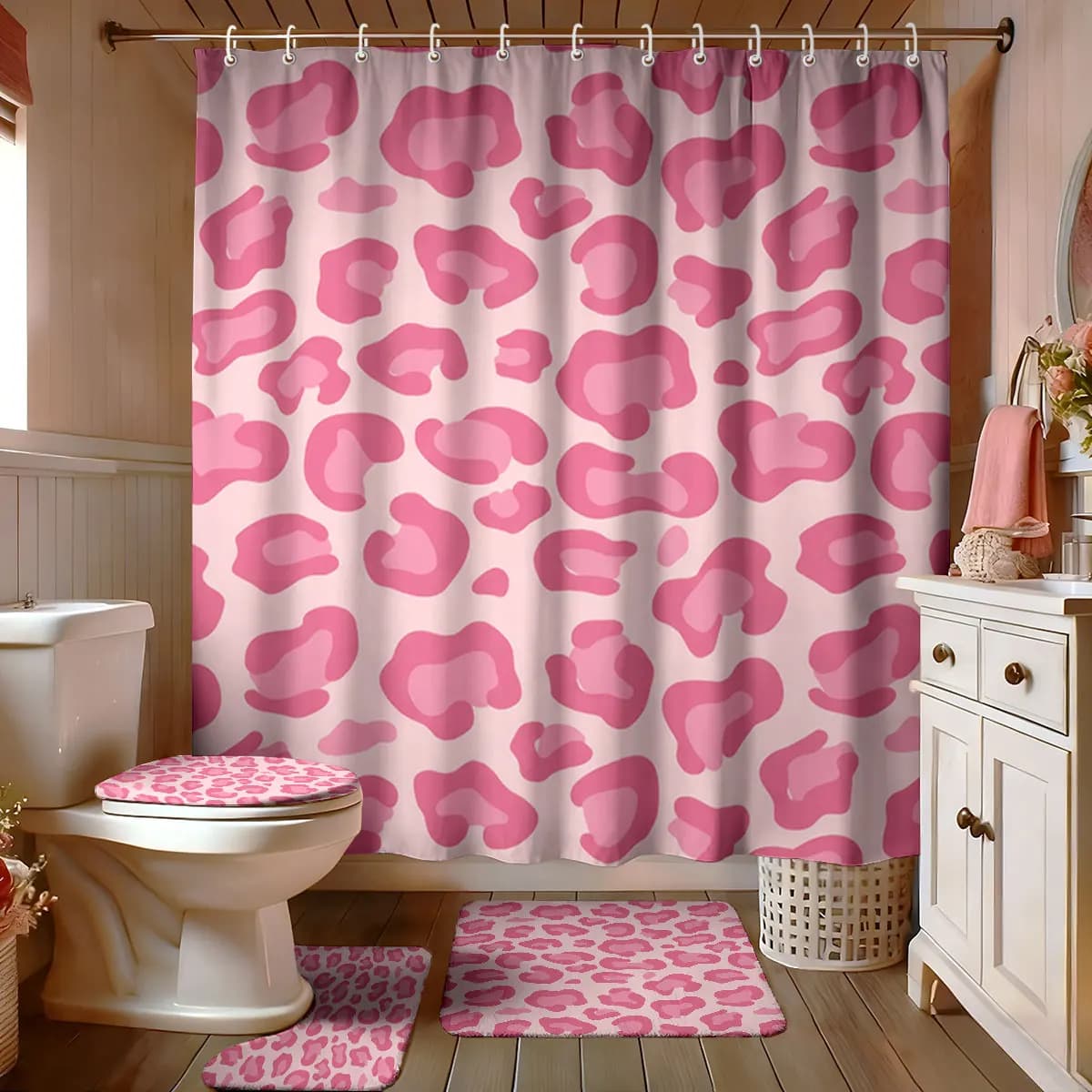 4Pcs Pink Leopard Print Shower Curtain Set, Light Pink Tone Cheetah Pattern Waterproof Shower Curtain With Hooks, Non Slip Absorbent Bath Mat Toilet Lid Cover Girly Bathroom Decor Kit