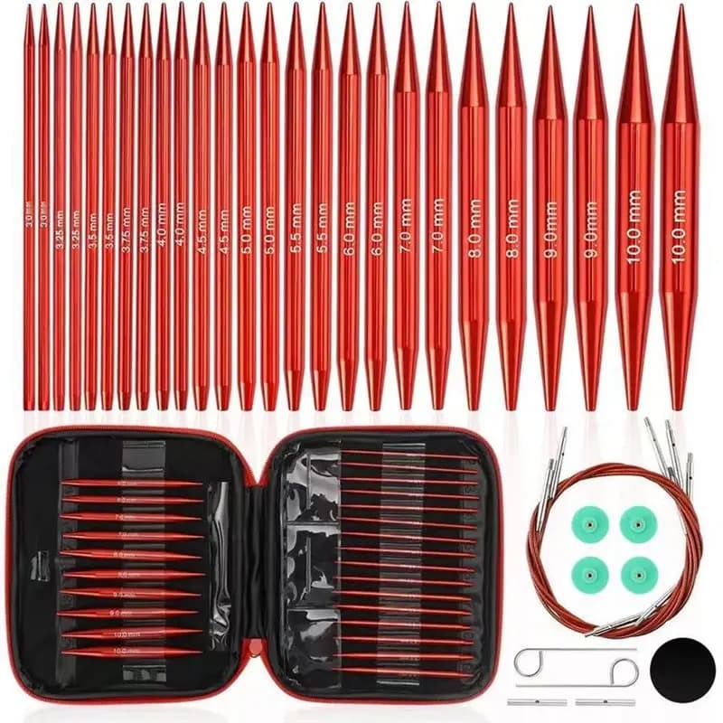 A26F-Circular Set di Ferri da Maglia in Alluminio Rosso Opaco, Kit con Accessori per Principianti e Utenti Esperti