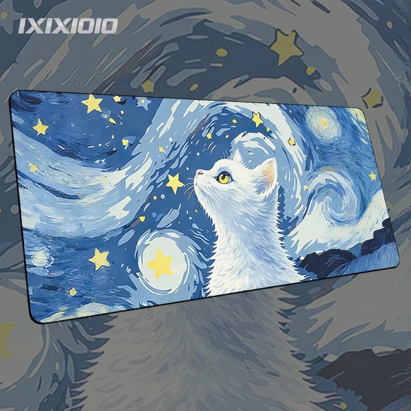 Van Gogh Style White Cat Mouse Pad Gaming XL Home Computer Large Custom Mousepad XXL Mouse Mat Soft Carpet Laptop Mice Pad