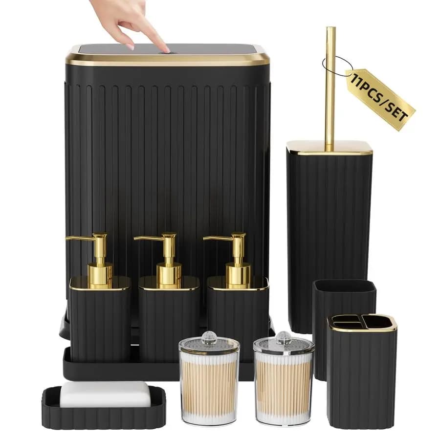 Set di Accessori per Bagno 11 Pezzi, Set Nero con Cestino in Acciaio Inox, Spazzola per WC, Portaspazzolino