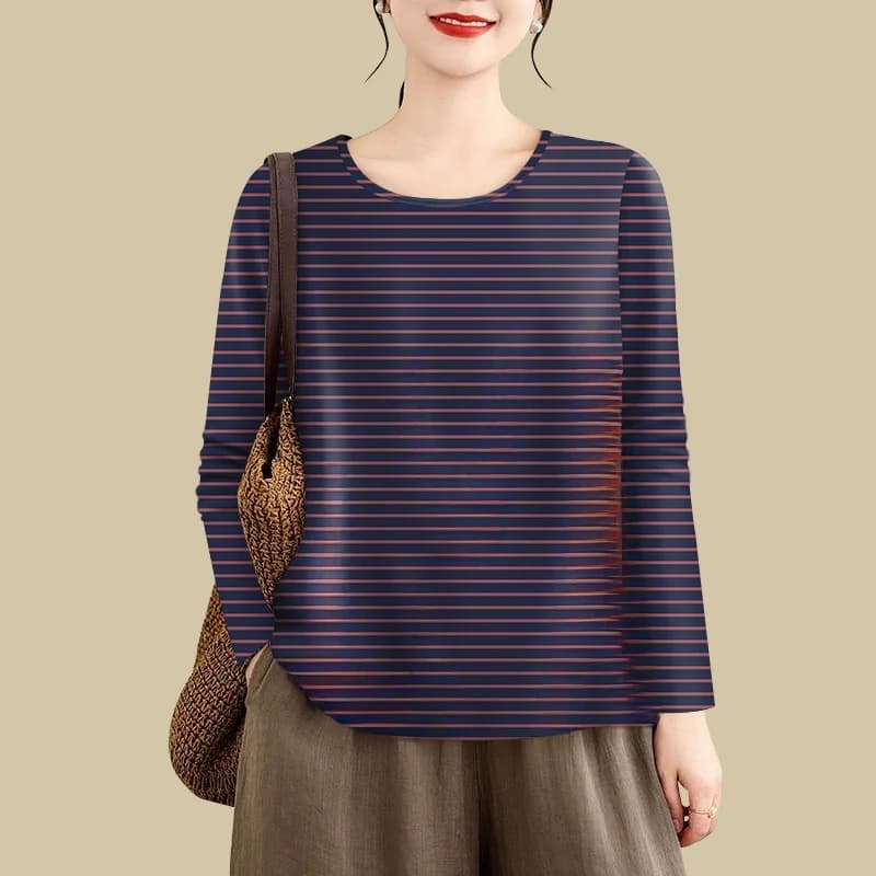 Fashionable Long Sleeve Base Shirt Mom Style Cotton T-Shirt Women's Top Ageless Design Belly Covering Trendy Commute Wear