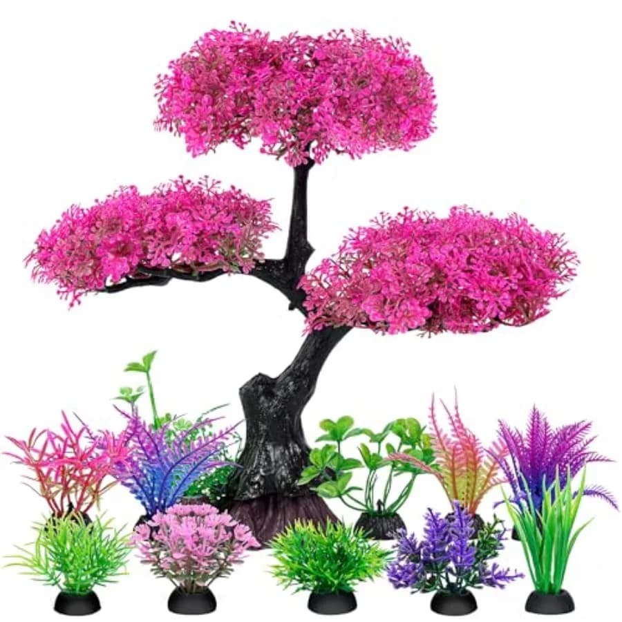 Decorazioni per Acquario con Piante Artificiali in Plastica, Set Decorativo con Albero di Ciliegio Rosa, Decorazioni per Acquario con Pesci Rossi e Betta