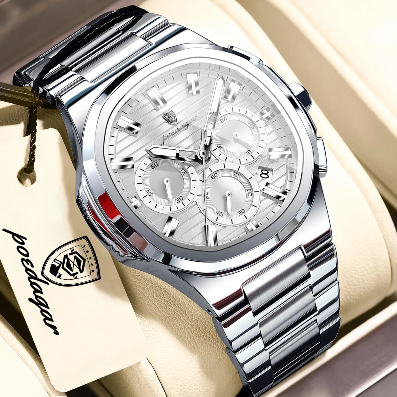 POEDAGAR Fashion Quartz Man Wristwatch Waterproof Stainless Steel Luminous Men Clock Date Chronograph High Quality Men's Watches