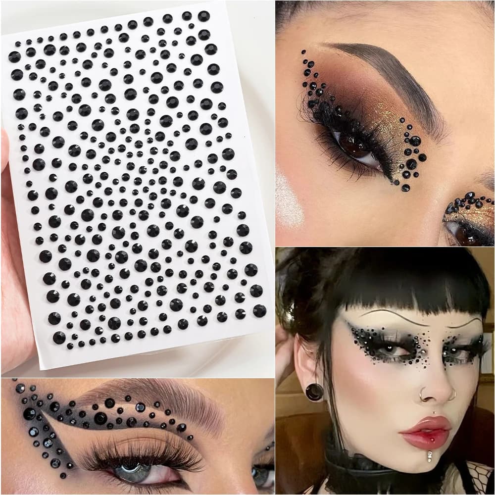 1 Foglio di Gemme Adesive Nere a Forma di Diamante per Viso, Adesivi Ombretto, Strass per Body Art, Decorazioni per Trucco e Feste