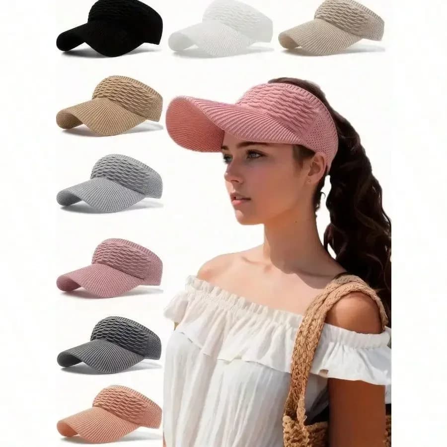 1 cappello da sole casual lavorato a maglia con parte superiore scavata da donna, cappello parasole con visiera in tinta unita, adatto per sport all'aria aperta come corsa, escursionismo, campeggio, golf