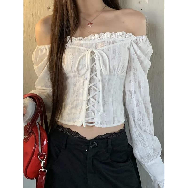 Camicie da donna corte con lacci bianchi Deeptown Camicie da donna in pizzo con scollo a barchetta e spalle scoperte Camicette alla moda coreane Slim estetica chic