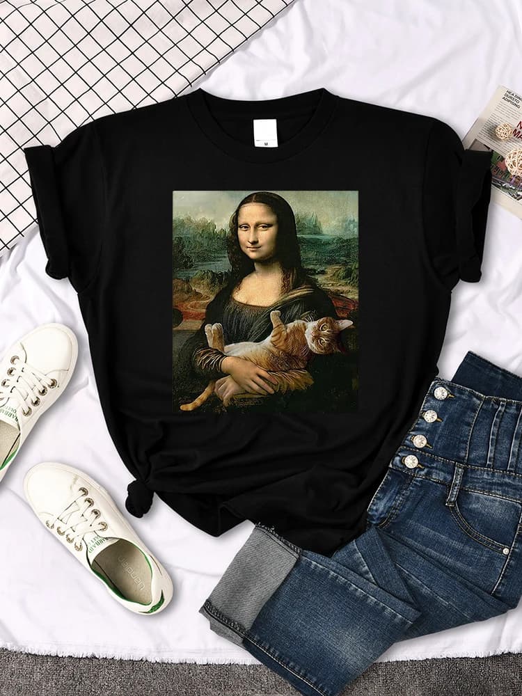 Mona Lisa magliette Funny Cat Lovely Cute Printed T-shirt per donna girocollo Gothic Women Tshirt Casual Oversize Tee Shirts
