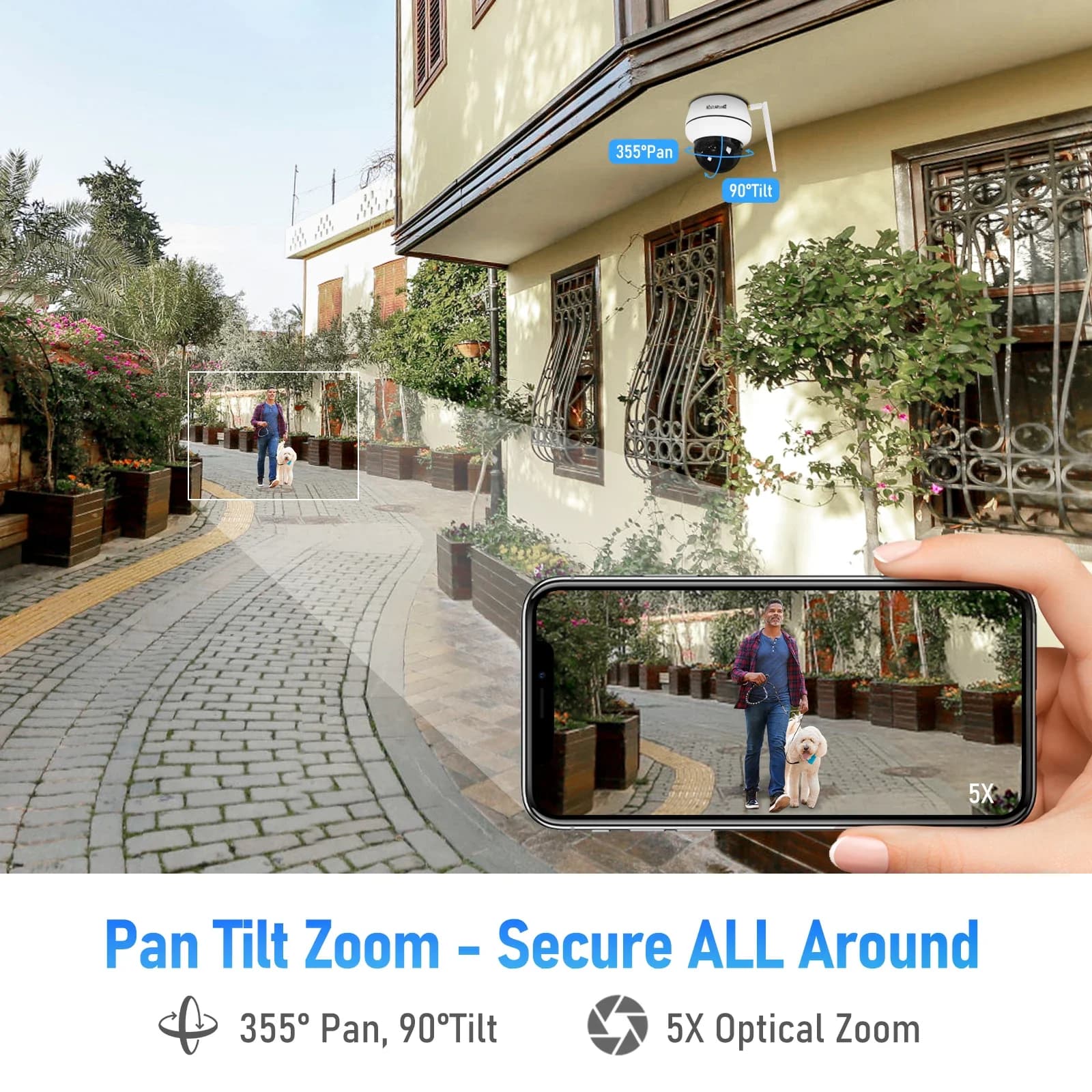 Telecamera di Sicurezza Wireless PTZ JideTech 5MP con Slot per Scheda SD Integrato (Supporto Massimo 256GB), Funzione di Rilevamento Umano e Tracciamento Automatico