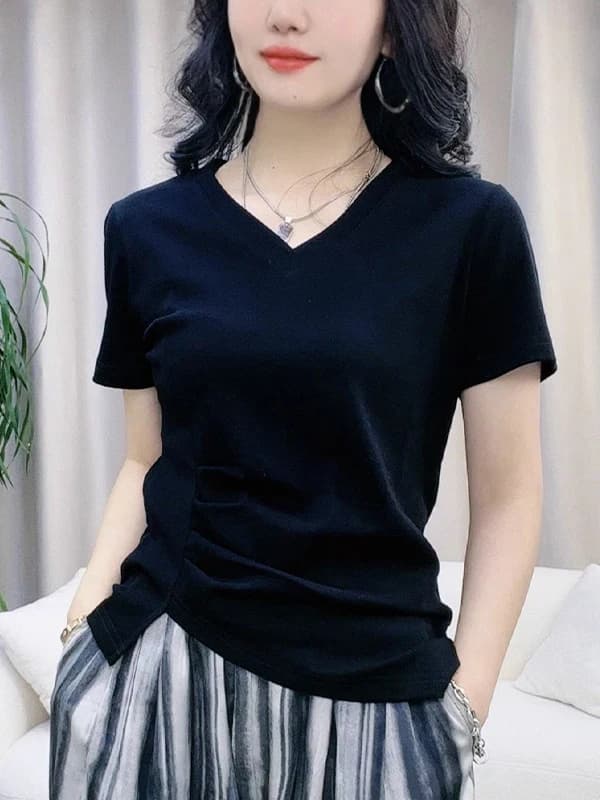 Fashionable Slimming V-Neck Short Sleeve T-Shirt Women's Summer 2026 New Style Korean Version Commute Wind Splice Body Type