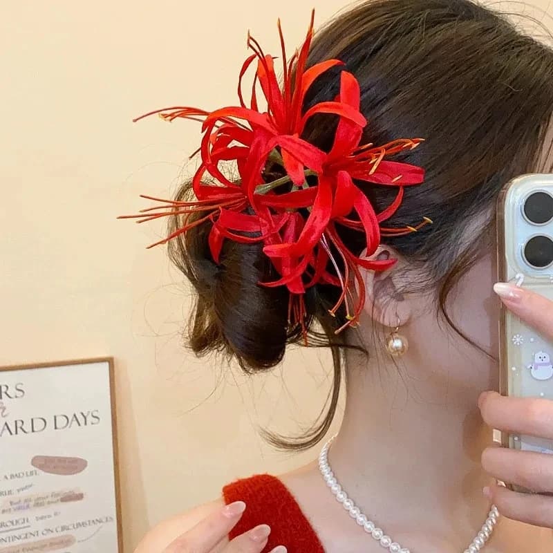 Red Shore Flower Hair Clip New Tassel Design Chinese Ancient Style Elegant Duckbill Clip Women's Side Bangs Clip Hair Accessory