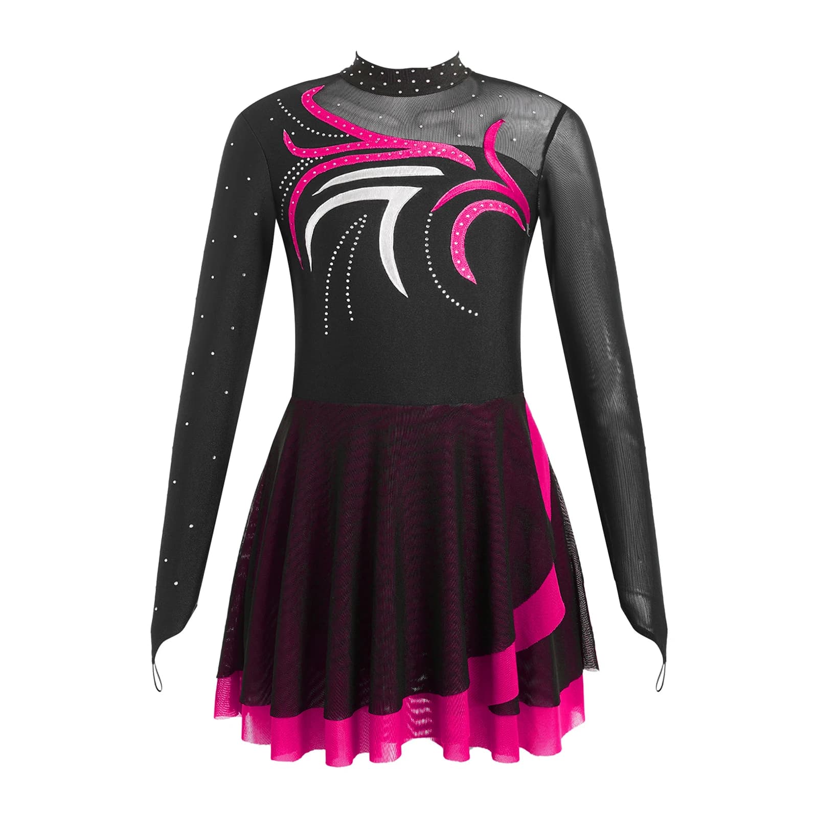 Bambini Ragazze Pattinaggio di Figura Danza Tutu Vestito Balletto Ginnastica Body Manica Lunga Strass Sheer Mesh Performance Dancewear
