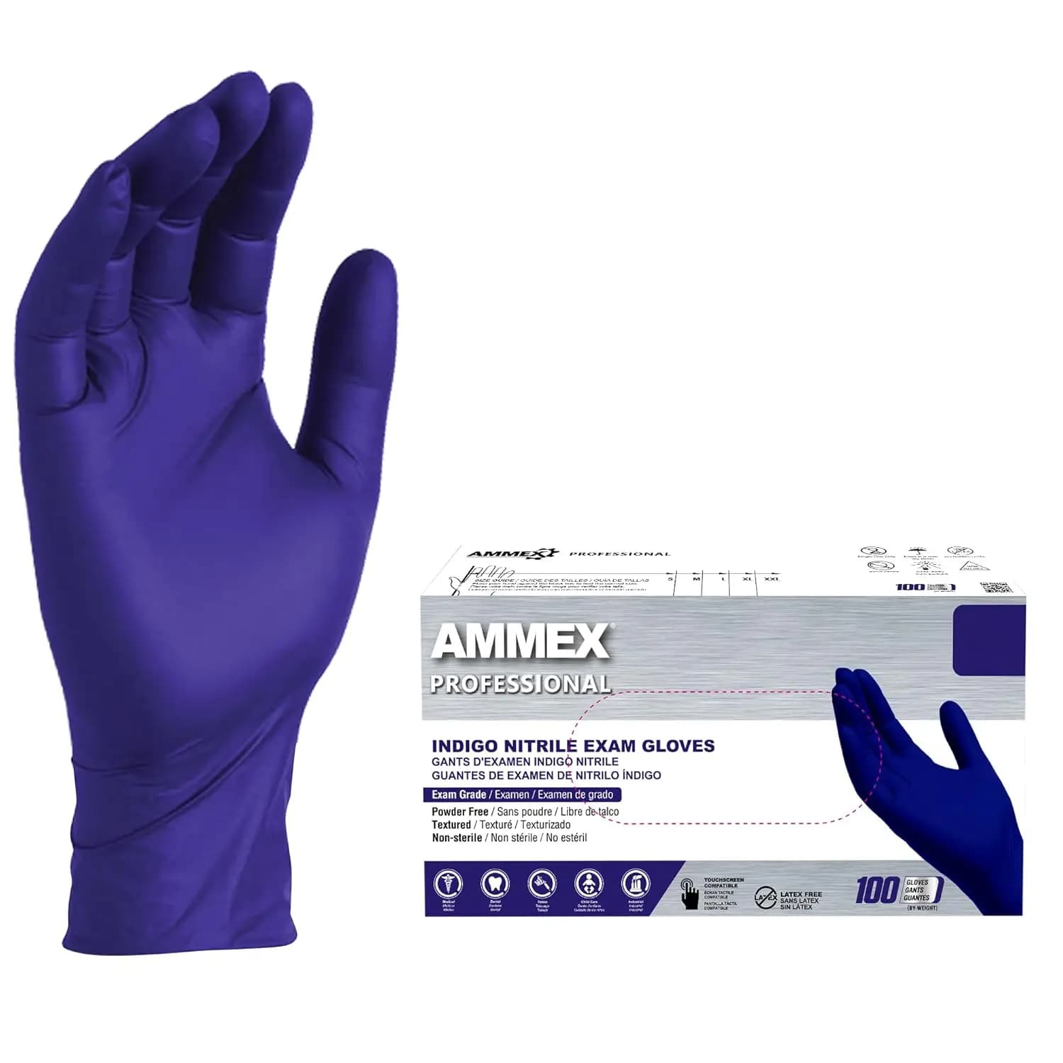Indigo Nitrile Disposable Exam Gloves, 3 Mil, Latex & Powder Free, Food-Safe, Textured, Non-Sterile, Large, Box of 100