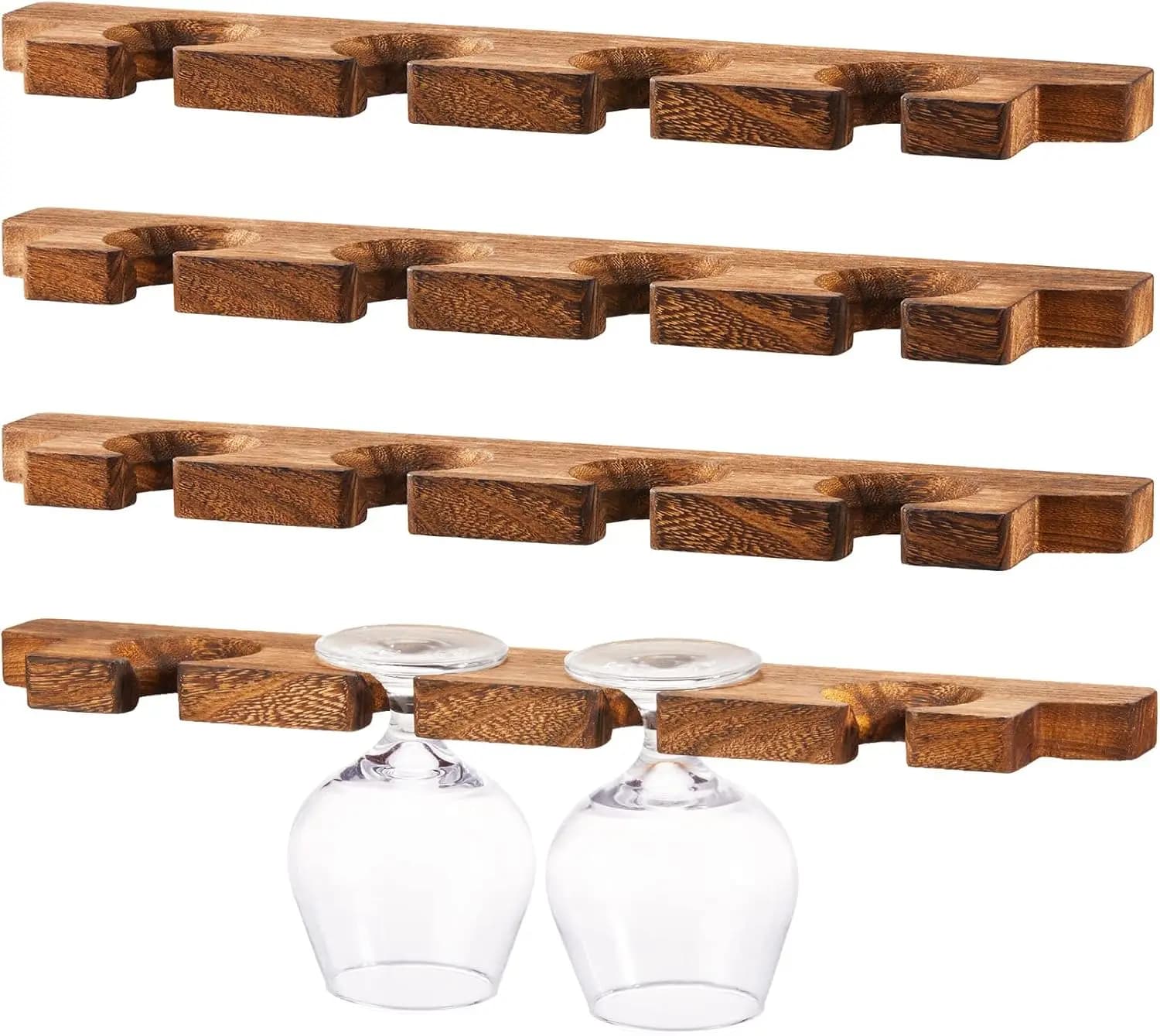 Set di 4 Portabicchieri da Parete in Legno, Porta Calici da Champagne Rustico, Mensola Sospesa per Bicchieri da Vino