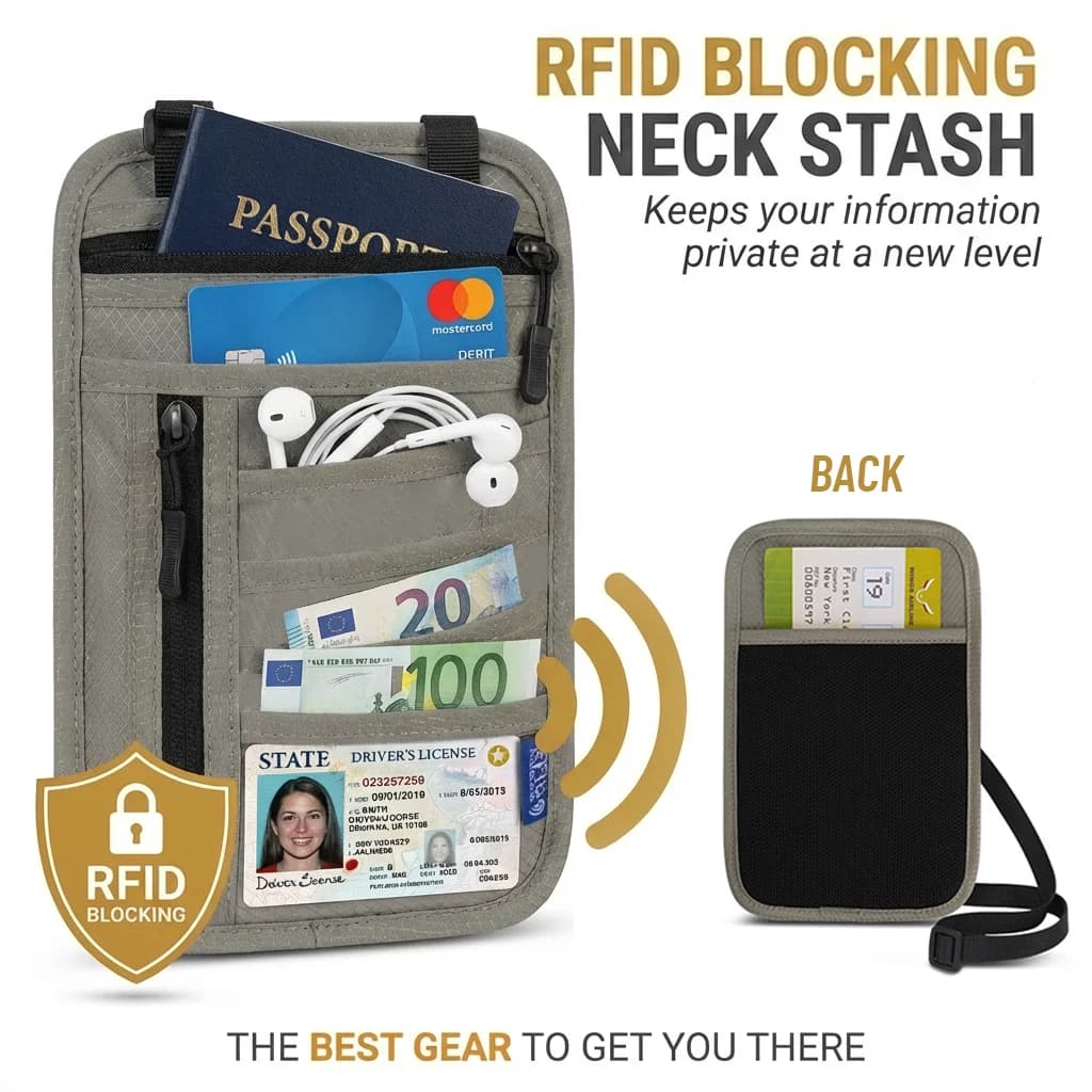 Borsa da Collo con Protezione RFID, Porta Passaporto Impermeabile da Viaggio con Cinturino Regolabile, Contenitore Antifurto da Collo per Carte, Contanti, Telefono