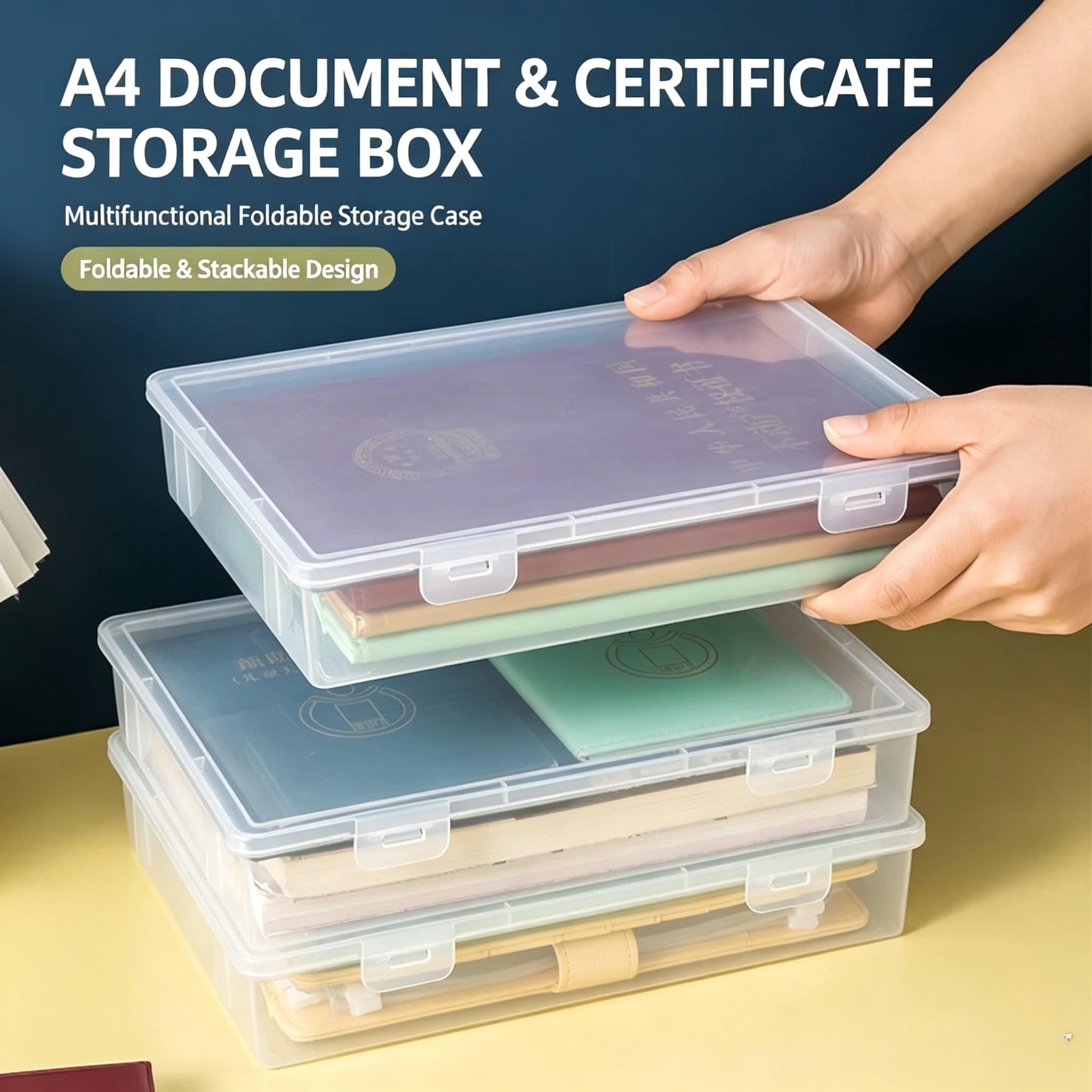 Home Important Document Storage Box, Transparent Plastic File Case, Stackable Certificate Holder for Passport & Contracts